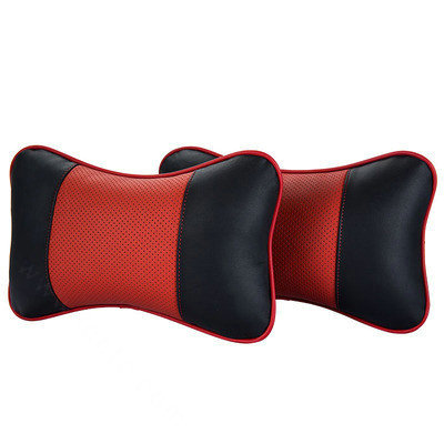 2pcs Genuine Leather Car Seat Pillow Breathable Soft Neck Cushion Auto Styling Accessories - Black Red