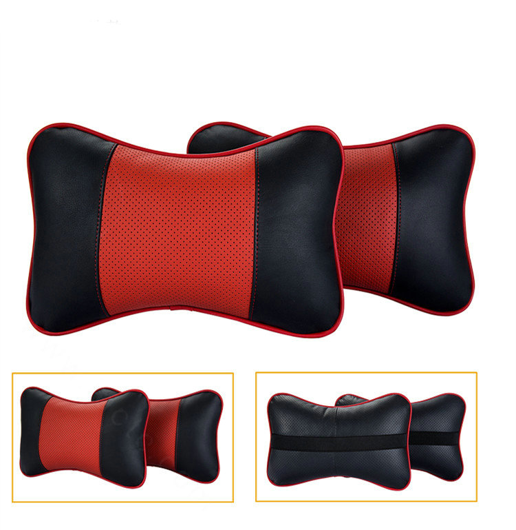 2pcs Genuine Leather Car Seat Pillow Breathable Soft Neck Cushion Auto Styling Accessories - Black Red