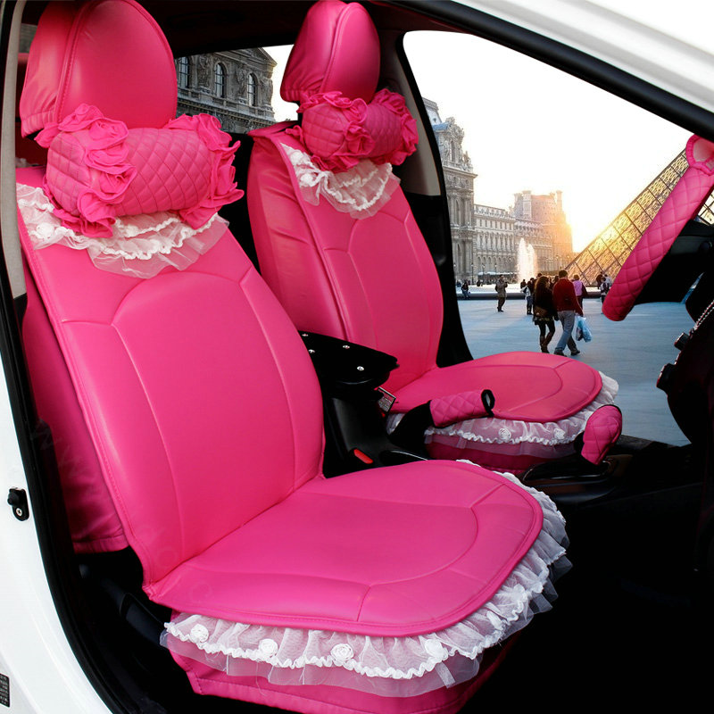 Cute Auto Seat Covers for Women PU Leather Universal Lace Packs Car Seat Cushion Set - Rose