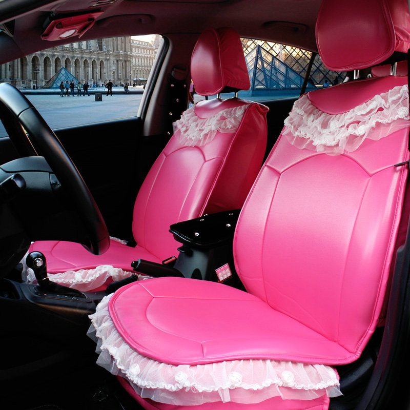 Cute Auto Seat Covers for Women PU Leather Universal Lace Packs Car Seat Cushion Set - Rose