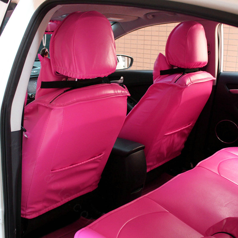 Cute Auto Seat Covers for Women PU Leather Universal Lace Packs Car Seat Cushion Set - Rose