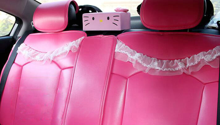 Cute Auto Seat Covers for Women PU Leather Universal Lace Packs Car Seat Cushion Set - Rose