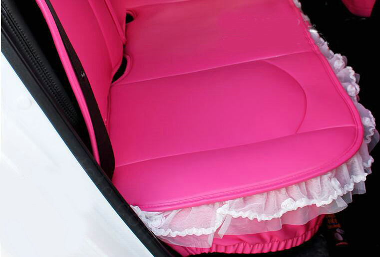 Cute Auto Seat Covers for Women PU Leather Universal Lace Packs Car Seat Cushion Set - Rose