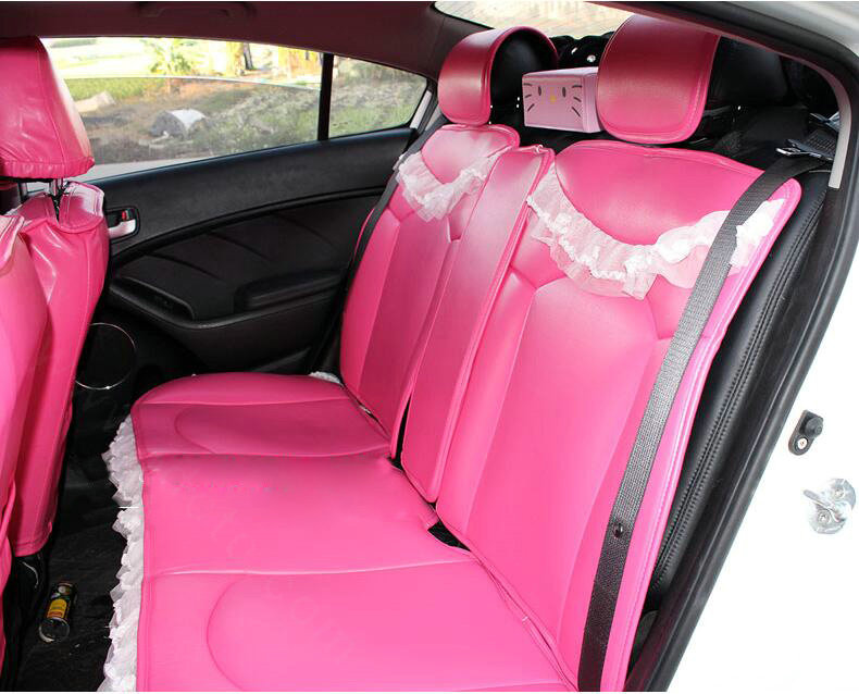 Cute Auto Seat Covers for Women PU Leather Universal Lace Packs Car Seat Cushion Set - Rose