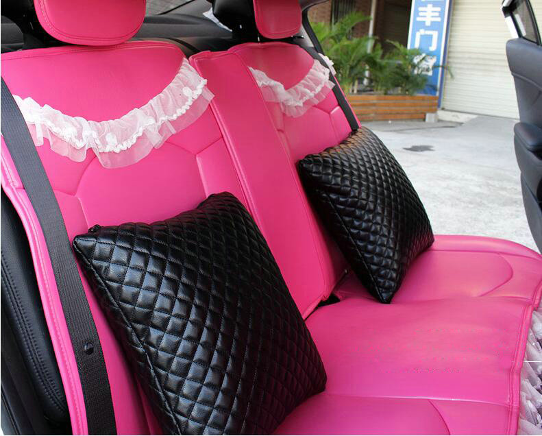 Cute Auto Seat Covers for Women PU Leather Universal Lace Packs Car Seat Cushion Set - Rose