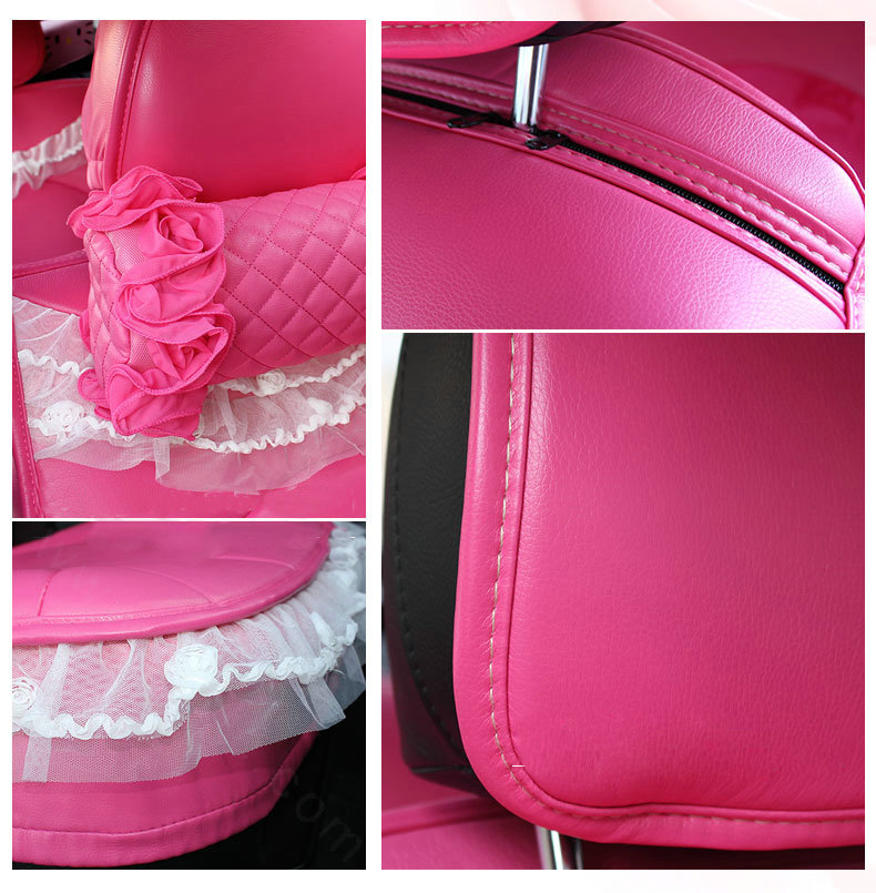 Cute Auto Seat Covers for Women PU Leather Universal Lace Packs Car Seat Cushion Set - Rose