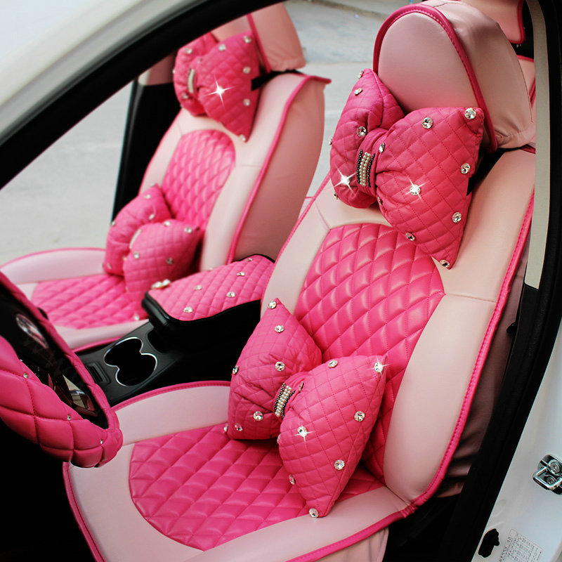 Automotive Seat Covers for Women PU Leather Universal Packs Car Seat Cushion Set - Rose Beige
