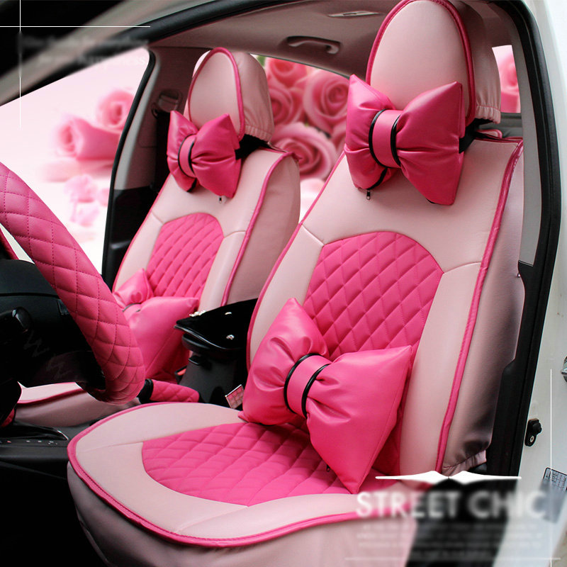 Automotive Seat Covers for Women PU Leather Universal Packs Car Seat Cushion Set - Rose Beige