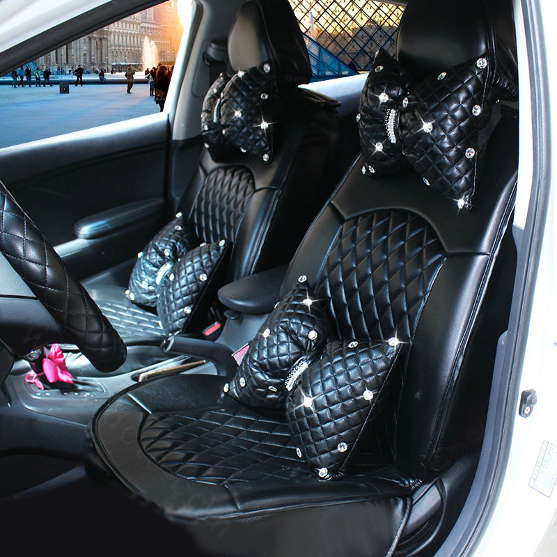 Automotive Seat Covers for Women Quality PU Leather Universal Car Seat Cushion Set - Black