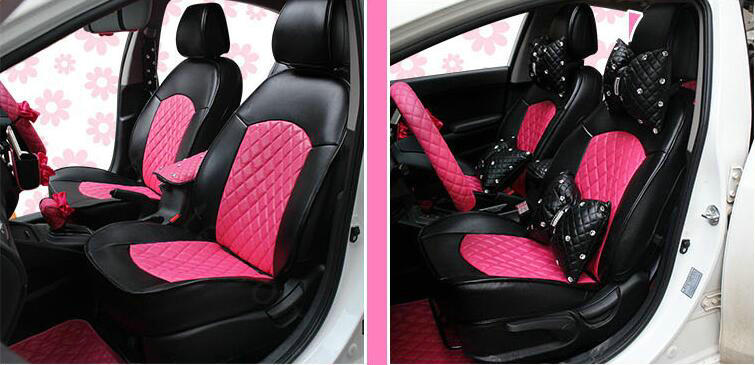Automotive Seat Covers for Women Quality PU Leather Universal Car Seat Cushion Set - Rose