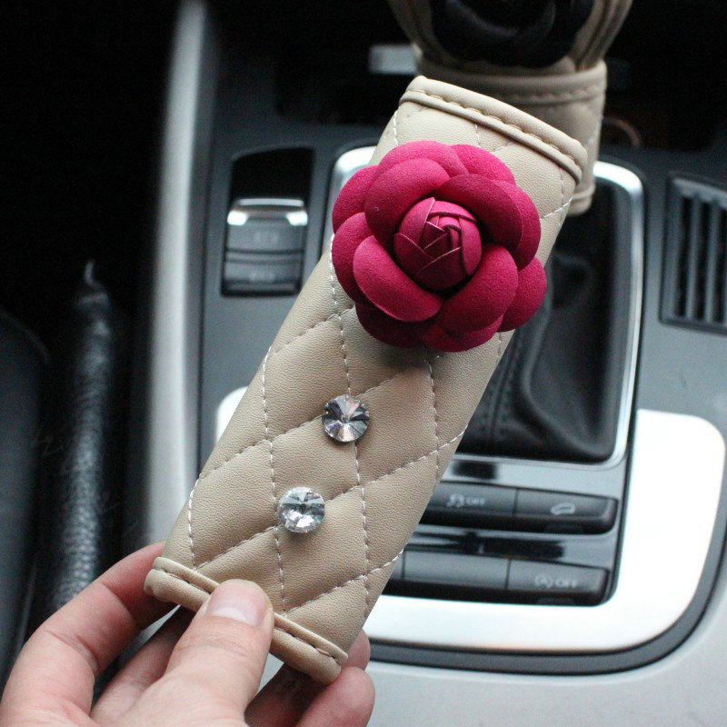 Calssic Flower Car Interior Accessories Sets Leather Handbrake Cover & Shiter Cover 2pcs - Beige