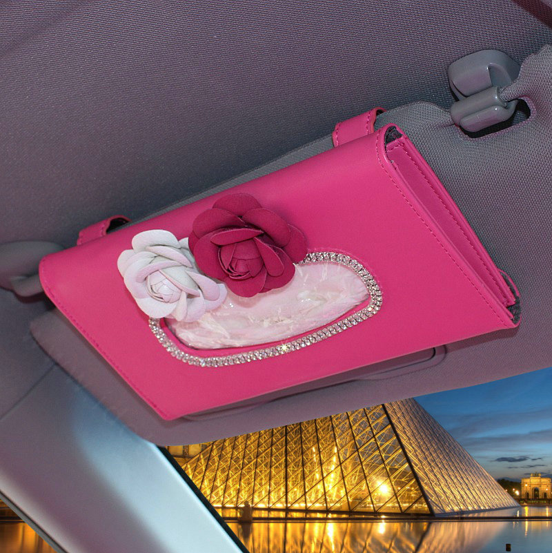 Calssic Leather Car Hanging Tissue Box Holder Case Flower Crystal Auto Sun Visor Tissue Bag - Rose
