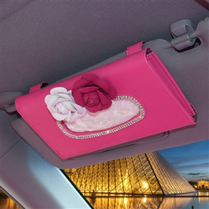 Calssic Leather Car Hanging Tissue Box Holder Case Flower Crystal Auto Sun Visor Tissue Bag - Rose