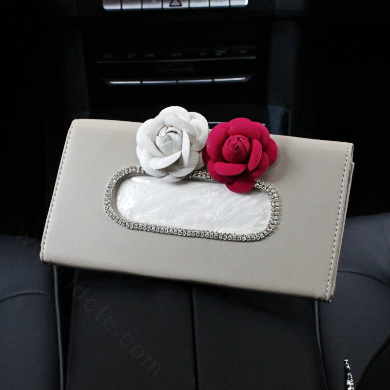 Calssic Leather Car Tissue Box Holder Case Flower Crystal Auto Sun Visor Tissue Bag - Beige