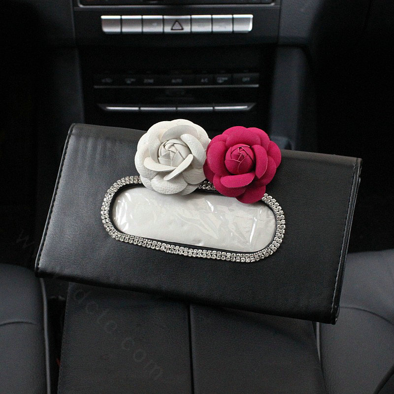 Calssic Leather Car Tissue Box Holder Case Flower Crystal Auto Sun Visor Tissue Bag - Black