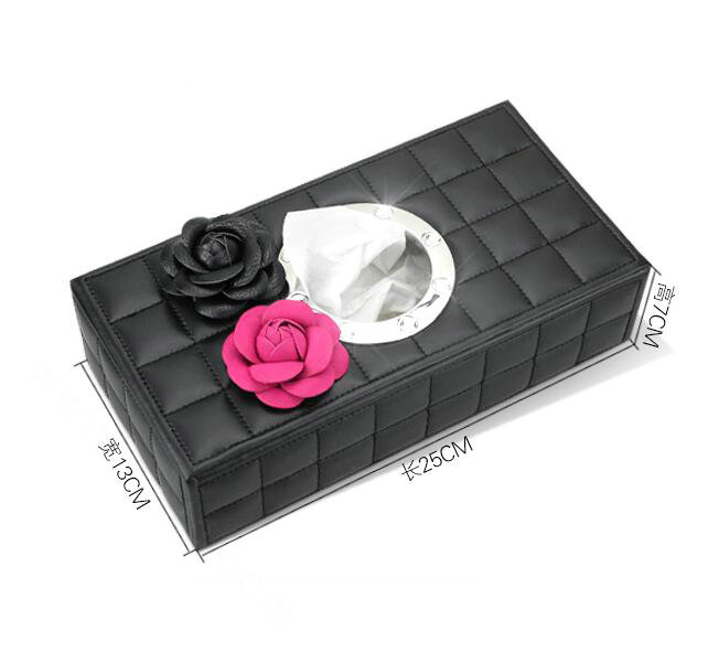 Camellia Flower Leather Car Tissue Paper Box Holder Case Vehicle Interior Accessories - Black Rose