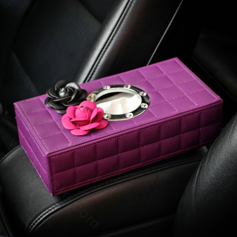 Camellia Flower Leather Car Tissue Paper Box Holder Case Vehicle Interior Accessories - Purple