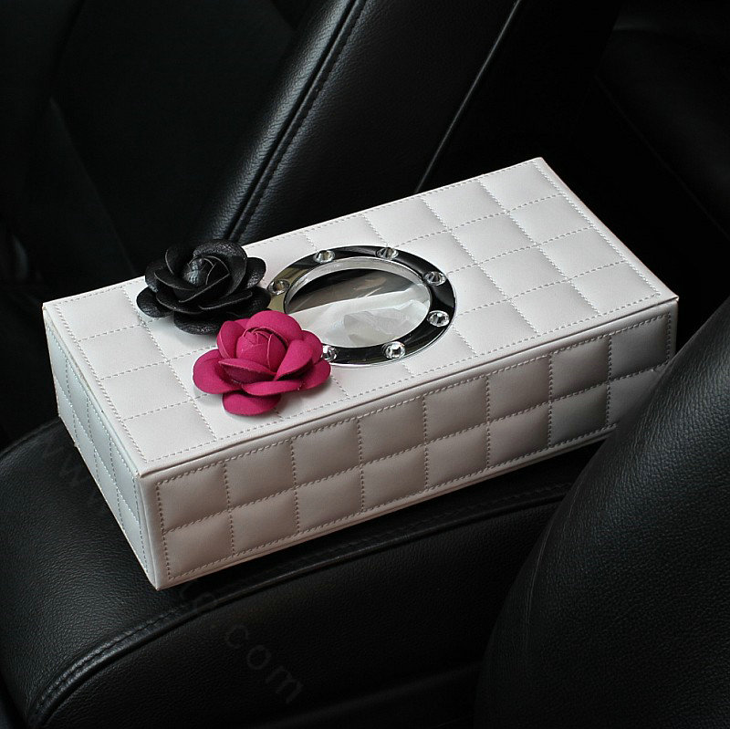 Camellia Flower Leather Car Tissue Paper Box Holder Case Vehicle Interior Accessories - Rose White