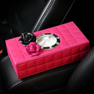 Camellia Flower Leather Car Tissue Paper Box Holder Case Vehicle Interior Accessories - Rose