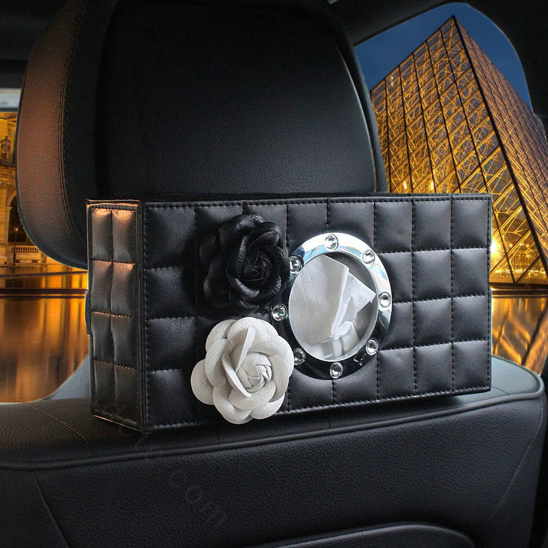 Camellia Leather Car Tissue Box Holder Case Auto Seat Back Hanging Tissue Bag - Black White