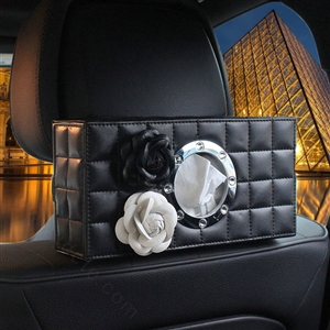 Camellia Leather Car Tissue Box Holder Case Auto Seat Back Hanging Tissue Bag - Black White