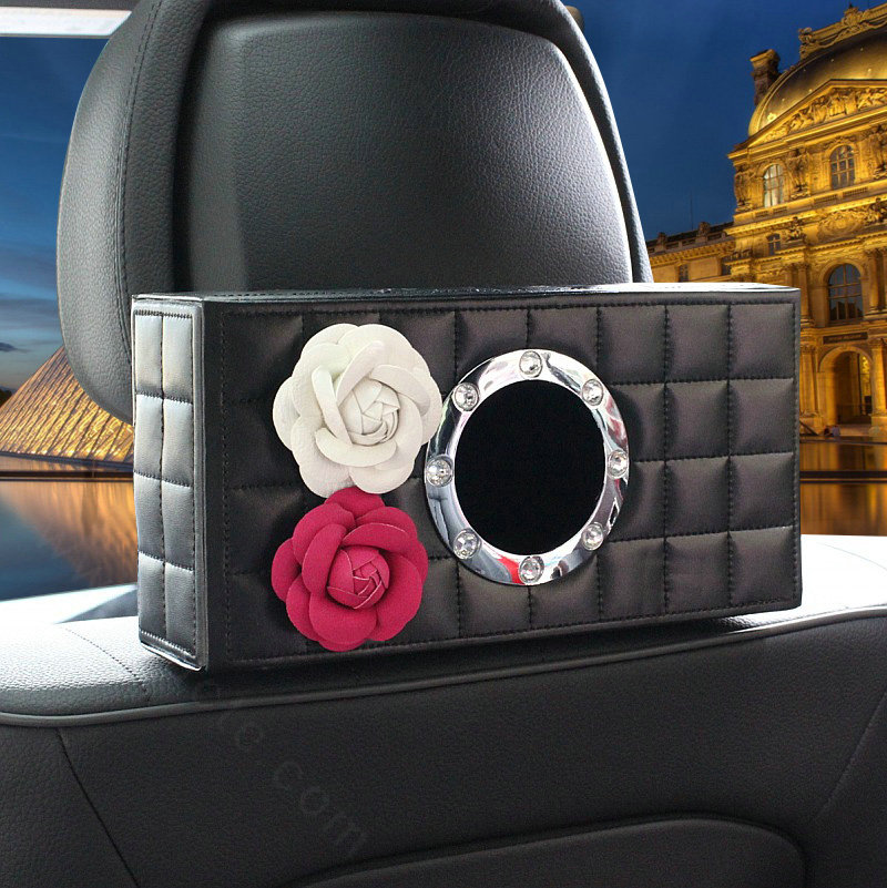 Camellia Leather Car Tissue Box Holder Case Auto Seat Back Hanging Tissue Bag - Black