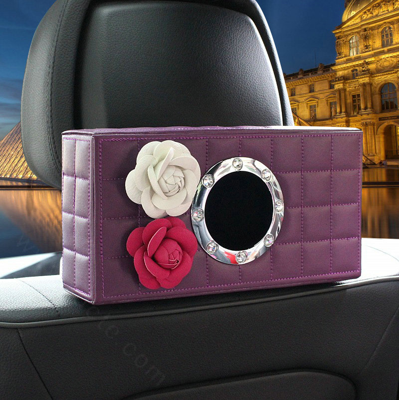 Camellia Leather Car Tissue Box Holder Case Auto Seat Back Hanging Tissue Bag - Purple