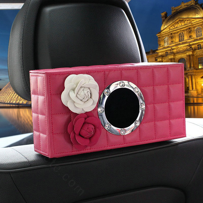 Camellia Leather Car Tissue Box Holder Case Auto Seat Back Hanging Tissue Bag - Rose White