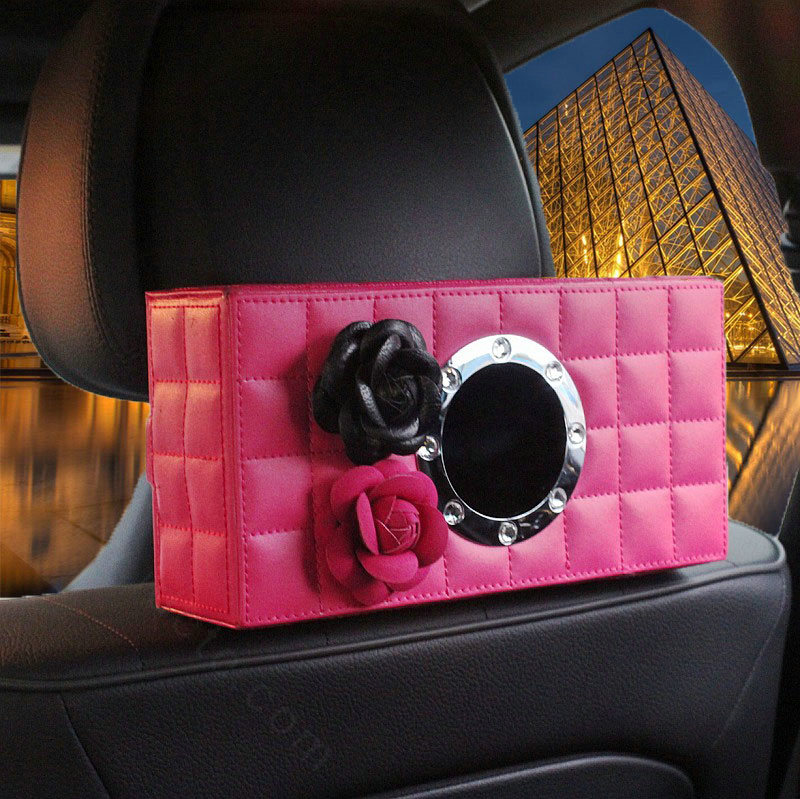 Camellia Leather Car Tissue Box Holder Case Auto Seat Back Hanging Tissue Bag - Rose