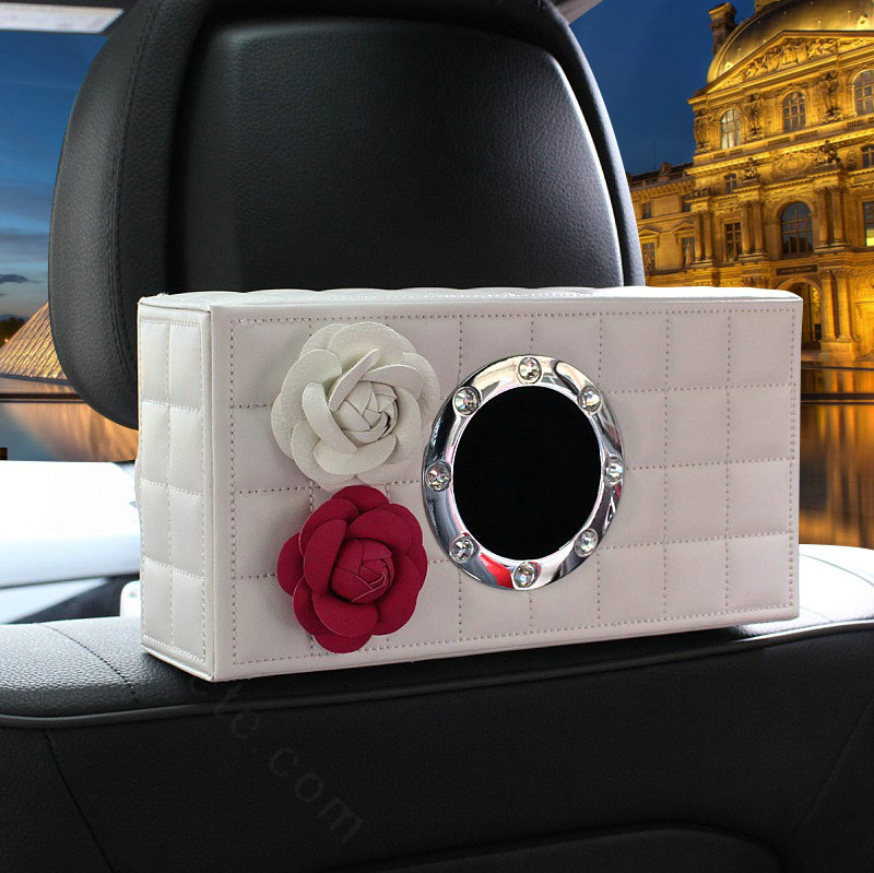 Camellia Leather Car Tissue Box Holder Case Auto Seat Back Hanging Tissue Bag - White Rose