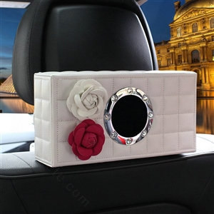 Camellia Leather Car Tissue Box Holder Case Auto Seat Back Hanging Tissue Bag - White Rose