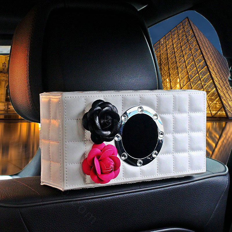 Camellia Leather Car Tissue Box Holder Case Auto Seat Back Hanging Tissue Bag - White