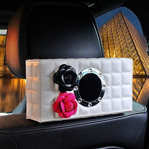 Camellia Leather Car Tissue Box Holder Case Auto Seat Back Hanging Tissue Bag - White
