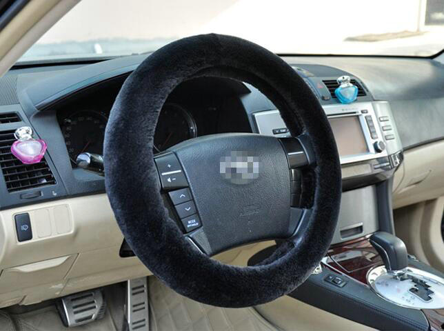 Cheapest Winter Plush Elastic Car Steering Wheel Covers 15 inch 38CM - Black