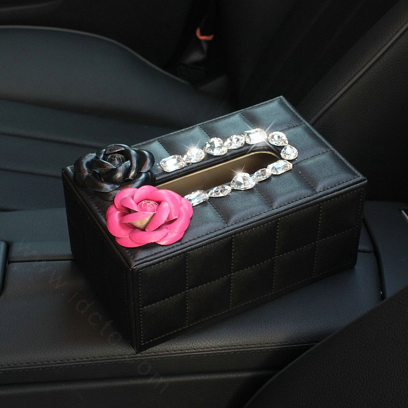 Creative Camellia Leather Crystal Car Tissue Paper Box Holder Case Interior Accessories - Black Rose