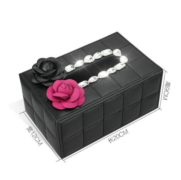 Creative Camellia Leather Crystal Car Tissue Paper Box Holder Case Interior Accessories - Black Rose