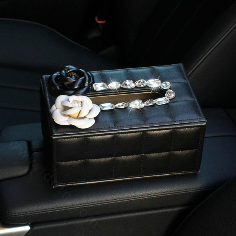 Creative Camellia Leather Crystal Car Tissue Paper Box Holder Case Interior Accessories - Black