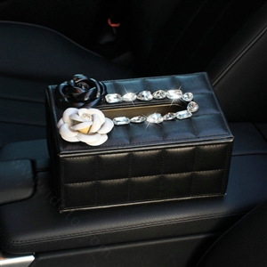 Creative Camellia Leather Crystal Car Tissue Paper Box Holder Case Interior Accessories - Black