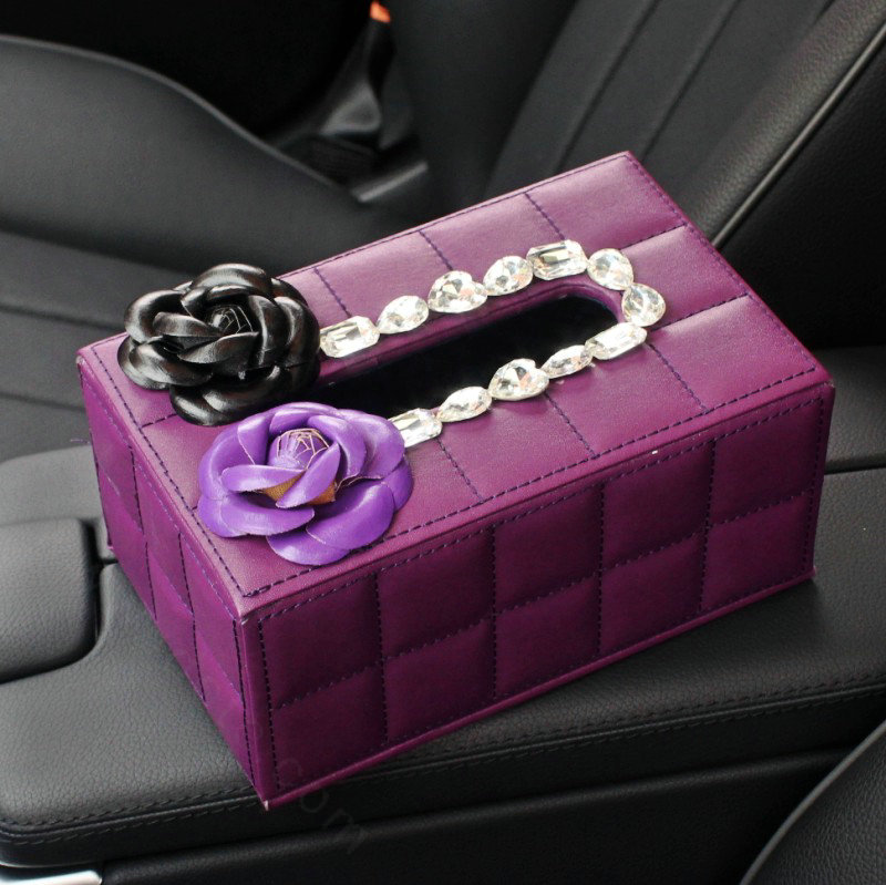Creative Camellia Leather Crystal Car Tissue Paper Box Holder Case Interior Accessories - Purple