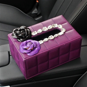 Creative Camellia Leather Crystal Car Tissue Paper Box Holder Case Interior Accessories - Purple