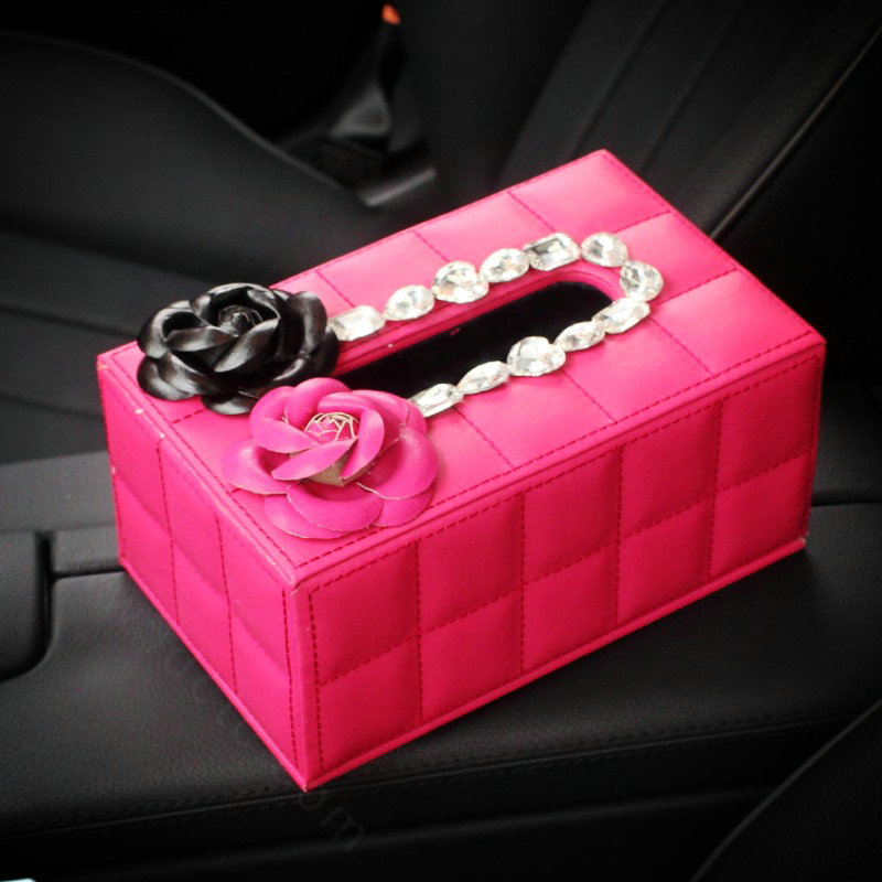 Creative Camellia Leather Crystal Car Tissue Paper Box Holder Case Interior Accessories - Rose
