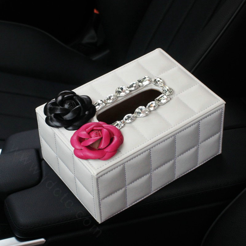 Creative Camellia Leather Crystal Car Tissue Paper Box Holder Case Interior Accessories - White Rose
