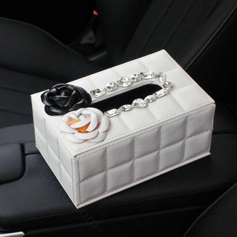Creative Camellia Leather Crystal Car Tissue Paper Box Holder Case Interior Accessories - White