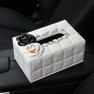 Creative Camellia Leather Crystal Car Tissue Paper Box Holder Case Interior Accessories - White