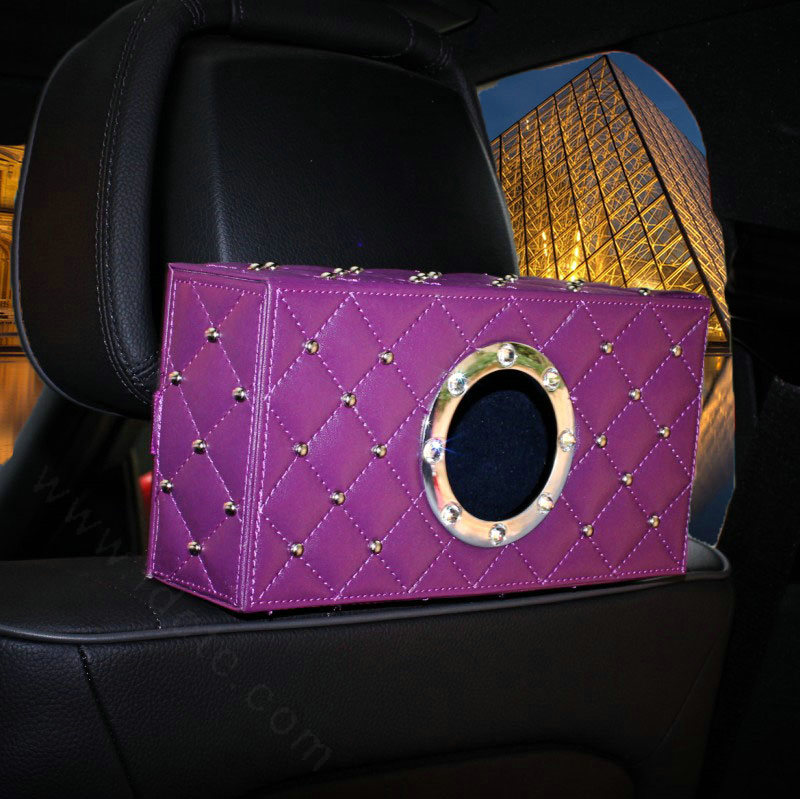 Creative Rivet Leather Car Tissue Paper Box Holder Case Seat Back Hanging Tissue Bag - Purple