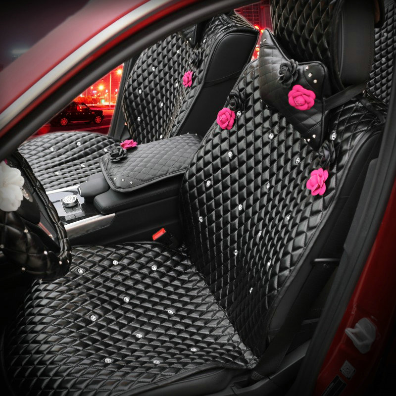 Crystal Camellia Leather Car Seat Cushion Universal Female Auto Seat Covers 10pcs Sets - Black