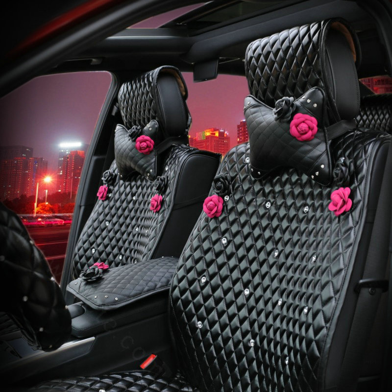 Crystal Camellia Leather Car Seat Cushion Universal Female Auto Seat Covers 10pcs Sets - Black