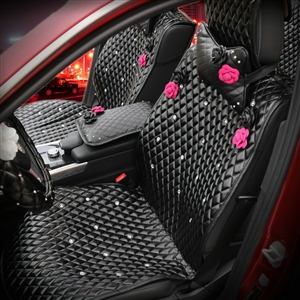 Crystal Camellia Leather Car Seat Cushion Universal Female Auto Seat Covers 10pcs Sets - Black