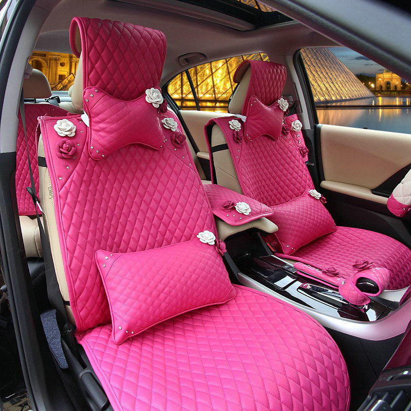 Crystal Camellia Leather Car Seat Cushion Universal Female Auto Seat Covers 10pcs Sets - Rose