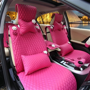Crystal Camellia Leather Car Seat Cushion Universal Female Auto Seat Covers 10pcs Sets - Rose